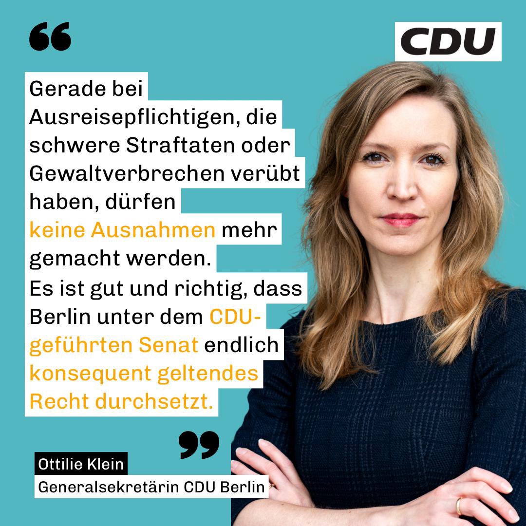 Die @berlinerzeitung berichtet über deutlich gestiegene Zahlen bei Abschiebungen (shorturl.at/dM027). Wir begrüßen diese Entwicklung ausdrücklich. Hier das Statement unserer Generalsekretärin @Ottilie_Klein.👇