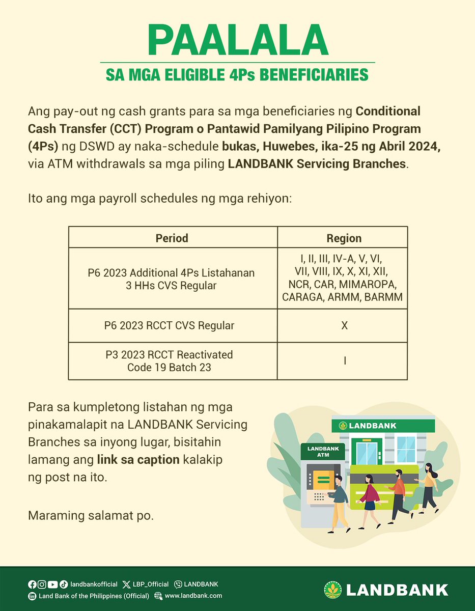 #LANDBANKClientAdvisoryFor4Ps  Ang pay-out ng cash grants para sa mga beneficiaries ng 𝗖𝗖𝗧 𝗣𝗿𝗼𝗴𝗿𝗮𝗺 𝗼 𝟰𝗣𝘀 ng DSWD ay naka-schedule, 𝗯𝘂𝗸𝗮𝘀, 𝗶𝗸𝗮-𝟮𝟱 𝗻𝗴 𝗔𝗯𝗿𝗶𝗹 𝟮𝟬𝟮𝟰, via ATM withdrawals sa mga piling LANDBANK Servicing Branches.