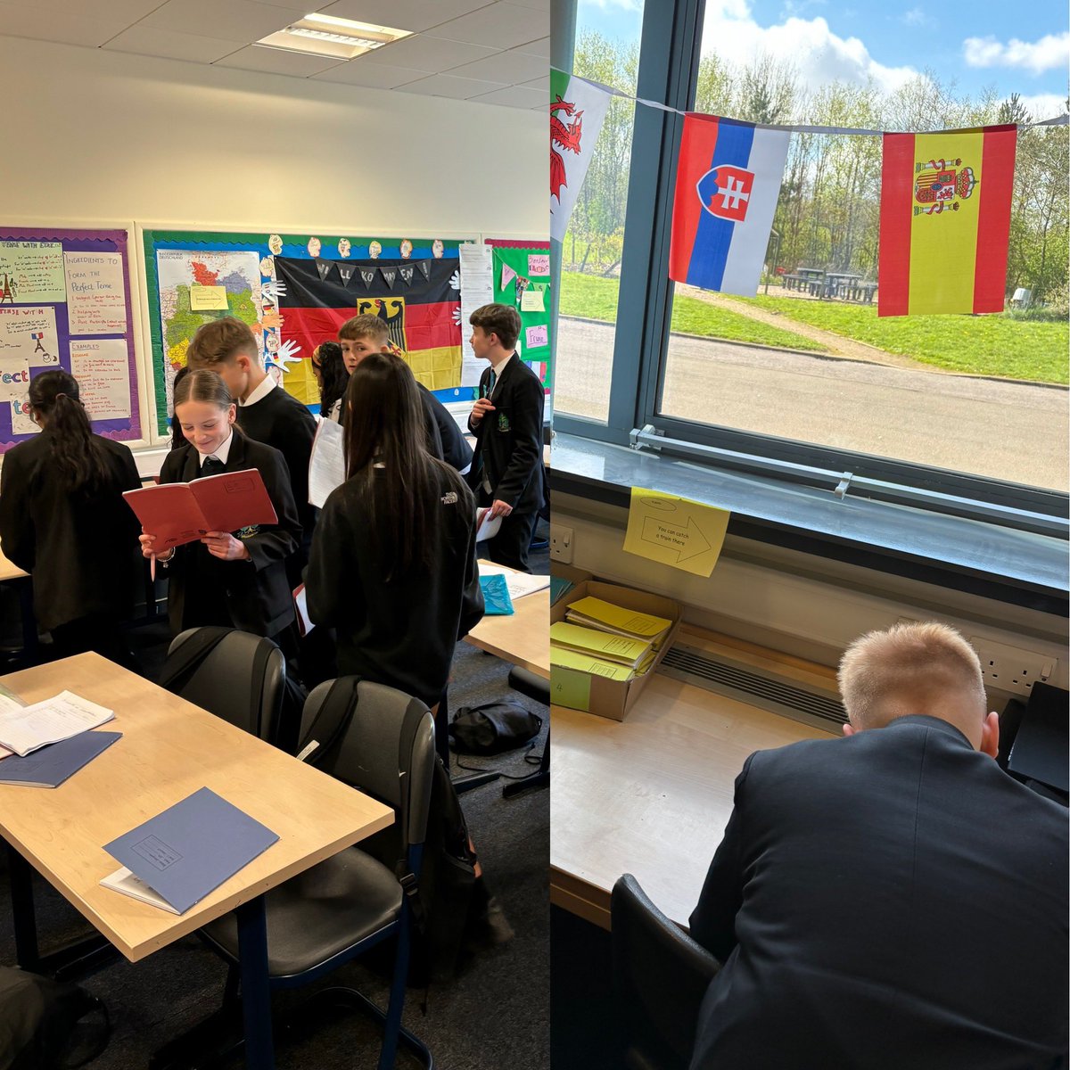 WilliamwoodHS's tweet photo. This week S1 have been revising places in town in French. Here are 1.2, 1.4 and 1.9 taking part in their Chasse au Trésor to find the new vocab 🚂 🏫 🏰🏟️ #WWHSModLangs https://t.co/wrKpX1GrRL