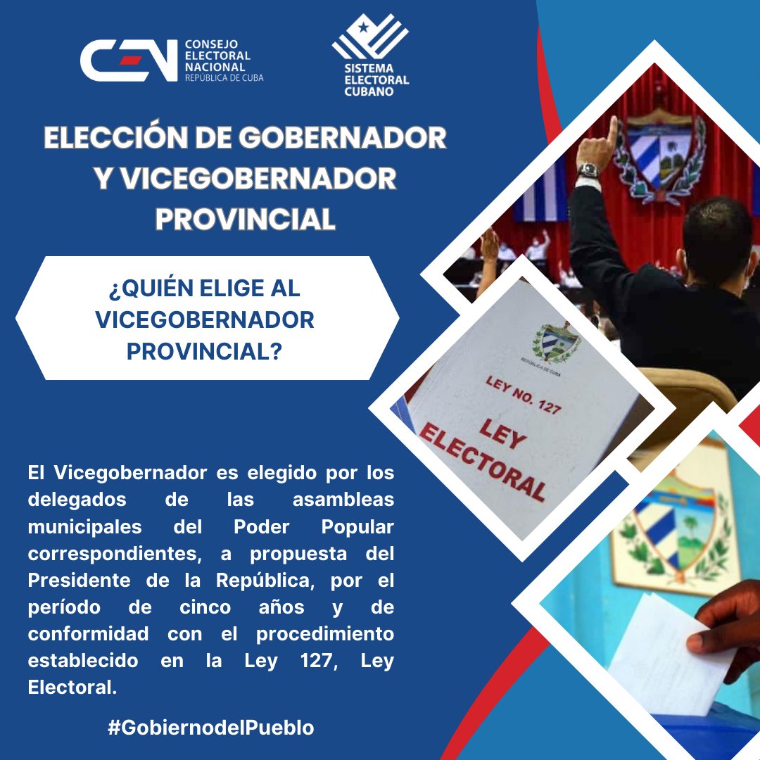 La Ley 127, Ley Electoral, establece que el gobernador y vicegobernador provincial son electos por los delegados a las Asambleas Municipales de cada territorio, constituidos en colegios electorales. 
#4DeMayo elecciones en #Matanzas, #VillaClara y #SantiagoDeCuba

#CubaGobierna