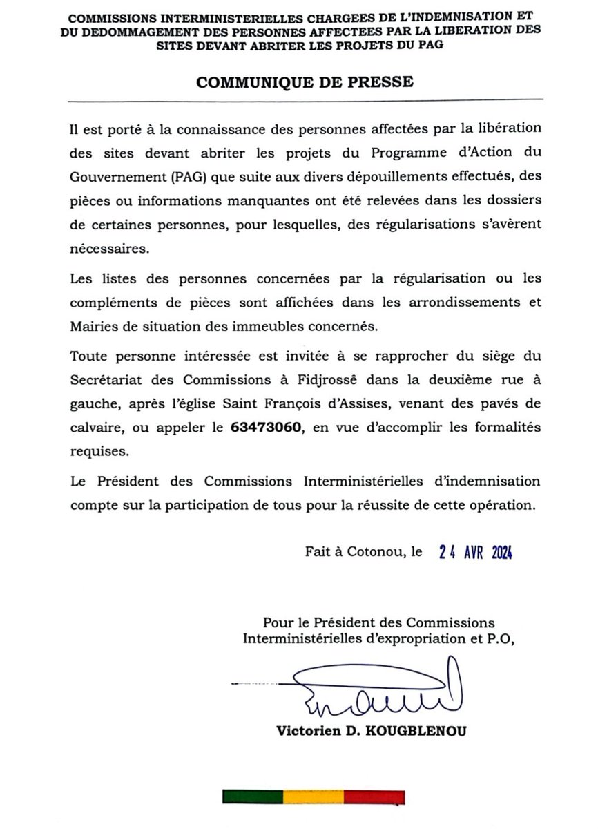 #FoncierBenin | #FinancesBenin | ⛔ Communiqué du président des Commissions Interministérielles chargées de l'indemnisation et du dédommagement des personnes affectées par la libération des sites devant abriter les projets du PAG (...) ▶️ Détails dans le communiqué ci-joint👇🏾