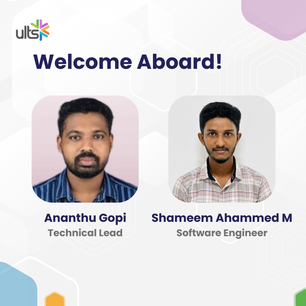 Welcoming Ananthu Gopi and Shameem Ahammed M to ULTS! We're excited to have them with us and look forward to achieving great things together. Welcome aboard, and here's to an incredible and rewarding journey at #ULTS!

#MeetOurTeam #WelcomeAboard #NewBeginnings #ULites