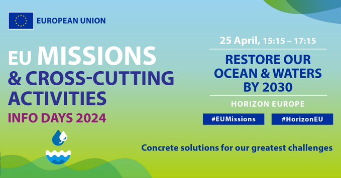 📣 We are thrilled to unveil more funding opportunities for Mission Ocean projects! 📣

Join the #MisionOcean session to learn about restoring our ocean &amp; waters by 2030, with the new calls under #HorizonEU

🗓️ 25 April, 15:15 - 17:15

🌍 Join here: europa.eu/!btQqHY