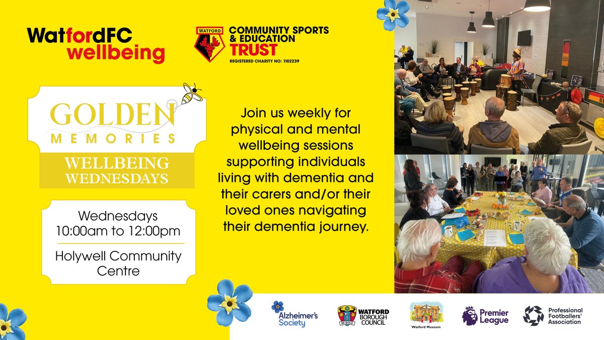 💛 Wellbeing Wednesdays 💛
for those living with dementia and their carers & loved ones. 
📌 Holywell Community Centre. 
📅 Every Wednesday from 10am to 12:00pm 
✉️ Contact: shona.mchale@watfordfc.com

@WatfordFC | #watfordfc 
@alzheimerssoc @WatfordCouncil