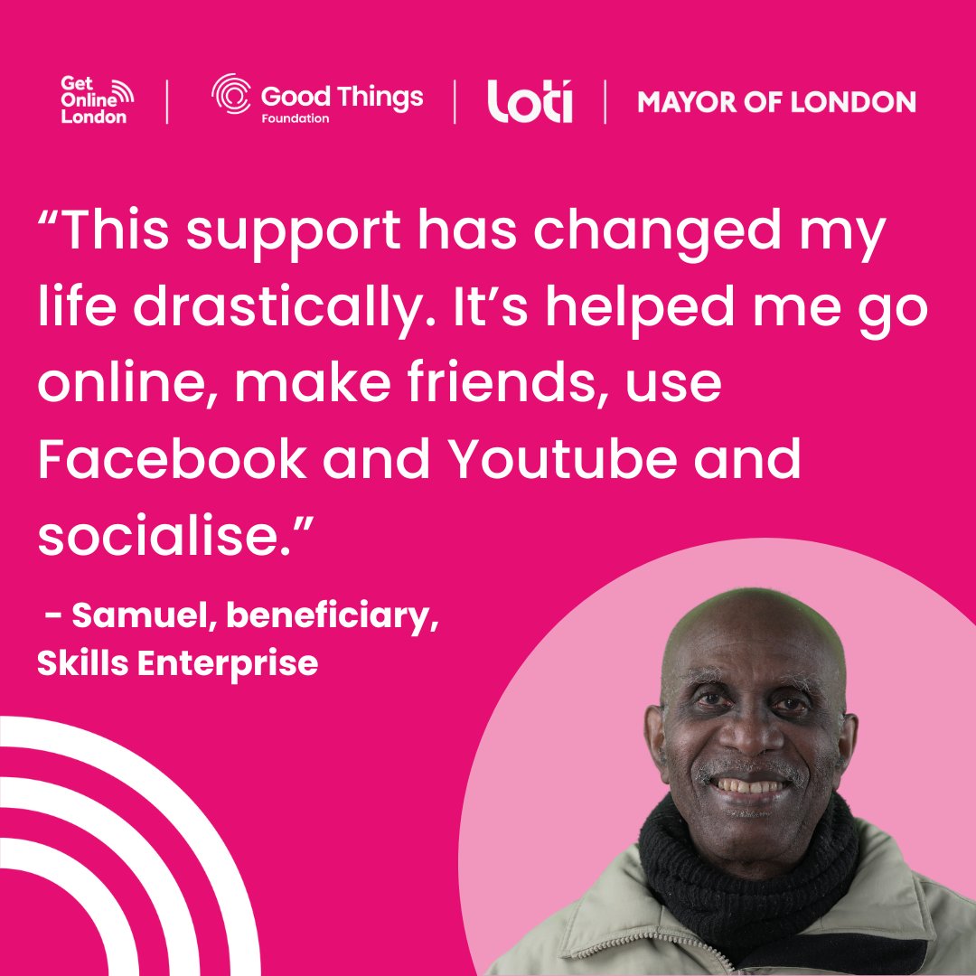 Thanks to #GetOnlineLondon, in partnership with @LOTI_LDN, Londoners like Samuel can access free data, devices & digital skills to learn how to use technology, navigate key services & stay in touch with loved ones. Help get others like Samuel connected👇 bit.ly/3ZDPDnw