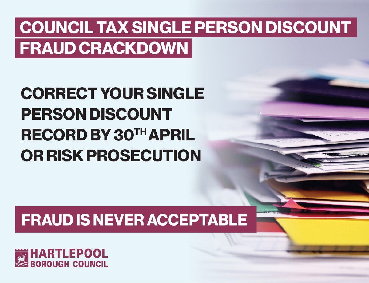 2/2 The amnesty is part of a drive to reduce council tax fraud, particularly in relation to Single Person Discount claims. More information ➡️ hartlepool.gov.uk/counciltaxfraud