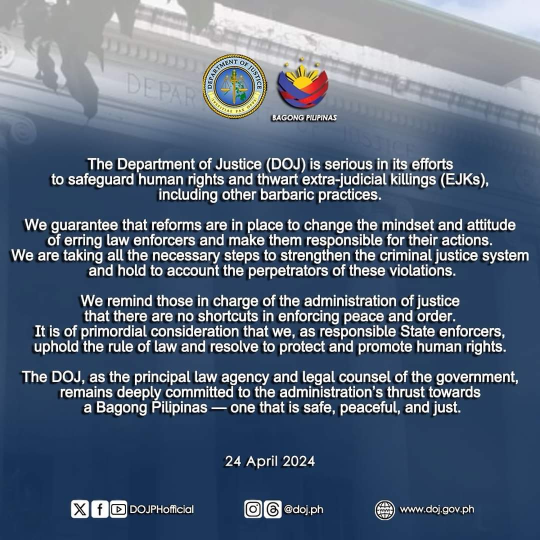 Statement of Justice Secretary Jesus Crispin “Boying” Remulla on reports that EJKs remain a serious problem in the Philippines #DOJPH #BagongPilipinas