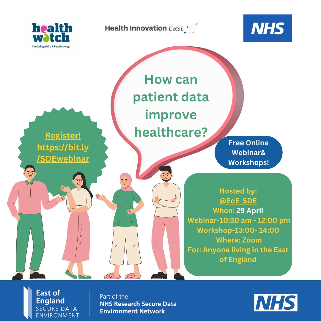 We invite the residents of #EastofEngland to share their opinions on #healthdata research by #NHS. Join us on Monday 29th April: 10:30 - 12:00 pm - Webinar introduction 1:00 - 2:00 pm - Choice of 3 workshops Register at eventbrite.co.uk/e/have-your-sa…