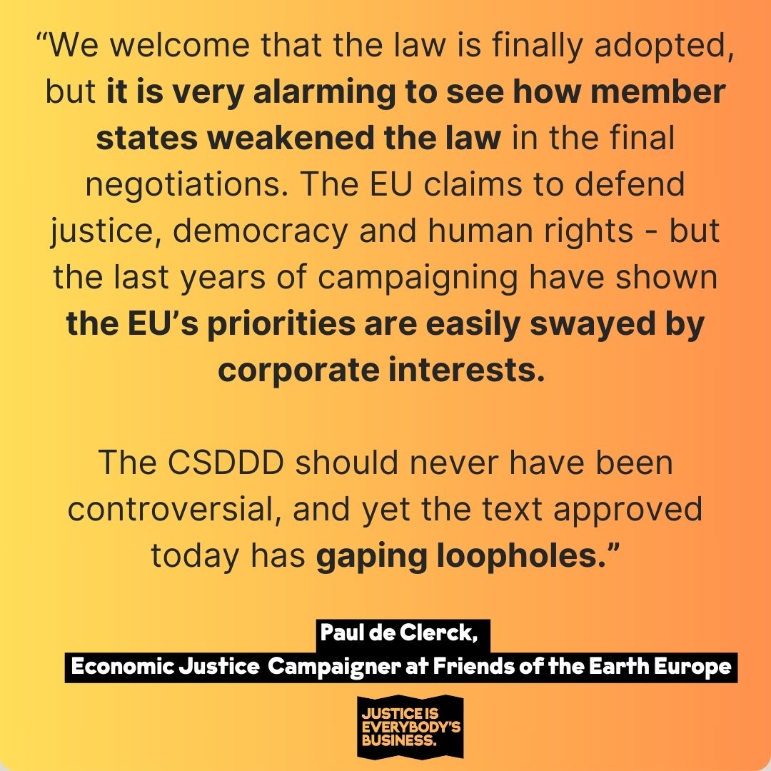 🟠NEW: The @Europarl_EN vote to endorse the long-awaited #CSDDD law 🎉 This is a win for justice ⚖️ But it shouldn’t take years for the EU to decide whether to value human lives above business profits. #HoldBizAccountable #JusticeNotProfit