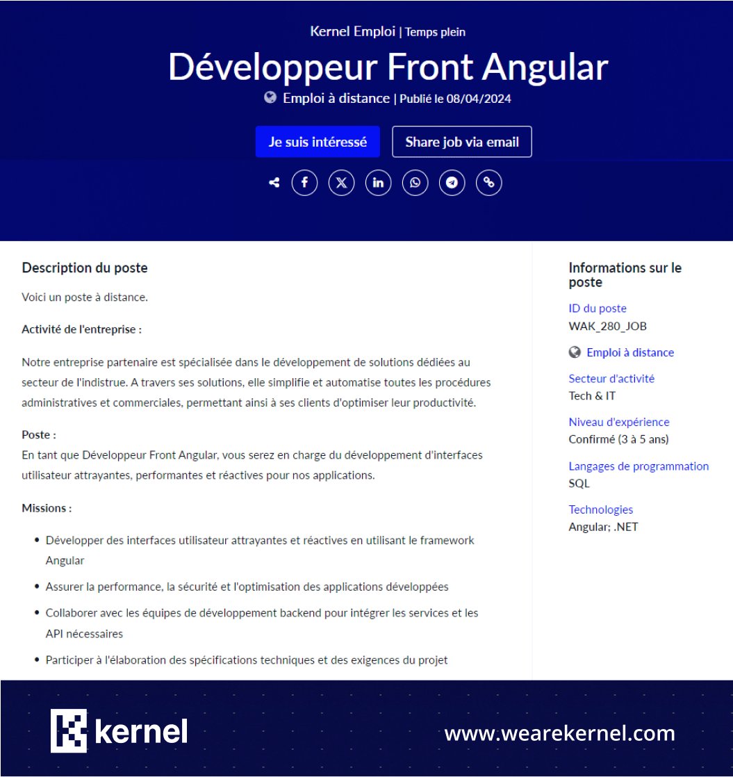 📢 Nous recherchons activement un développeur Front-End spécialisé en Angular passionné par la création d'interfaces utilisateur modernes et réactives. En savoir plus : bit.ly/3T4y3IZ #kernel #recrutement #développeurfrontend #Angular