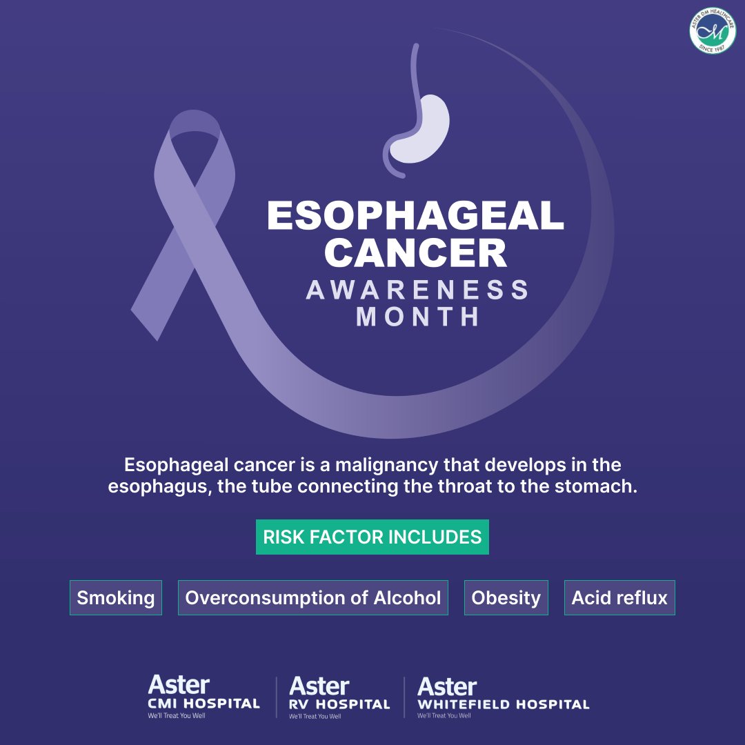 Fight esophageal cancer! This #EsophagealCancerAwarenessMonth, be aware of risk factors like smoking, alcohol, obesity & heartburn. Reduce your risk of cancer with healthy habits.

#EsophagealCancer #CancerAwareness #FightEsophagealCancer #AsterBangalore #AsterHospitals