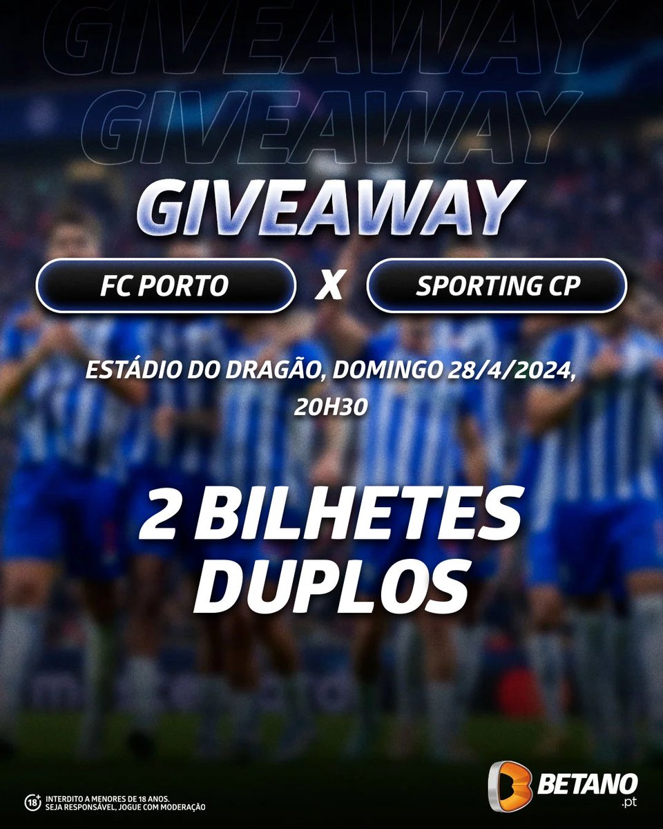 Dragão News 🇸🇻 (@dragaonews1893) on Twitter photo 🚨 𝗚𝗜𝗩𝗘𝗔𝗪𝗔𝗬! 🚨
𝟮 𝘽𝙞𝙡𝙝𝙚𝙩𝙚𝙨 𝘿𝙪𝙥𝙡𝙤𝙨 para o 'Clássico' entre #FCPorto 🆚 Sporting CP! 🤩
Requisitos:
1️⃣ Seguir a <a href="/Betano_PT/">Betano Portugal 🔞</a> e a <a href="/DragaoNews1893/">Dragão News 🇸🇻</a>
2️⃣ Retweet
3️⃣ Identificar um amigo
⚠️ Os vencedores serão anunciados dia 27 de Abril, às 16h! 🚨 𝗚𝗜𝗩𝗘𝗔𝗪𝗔𝗬! 🚨
𝟮 𝘽𝙞𝙡𝙝𝙚𝙩𝙚𝙨 𝘿𝙪𝙥𝙡𝙤𝙨 para o 'Clássico' entre #FCPorto 🆚 Sporting CP! 🤩
Requisitos:
1️⃣ Seguir a <a href="/Betano_PT/">Betano Portugal 🔞</a> e a <a href="/DragaoNews1893/">Dragão News 🇸🇻</a>
2️⃣ Retweet
3️⃣ Identificar um amigo
⚠️ Os vencedores serão anunciados dia 27 de Abril, às 16h!