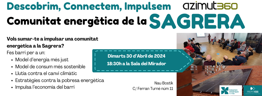 🚀 Vols impulsar una comunitat energètica a #LaSagrera? 🔎 Busquem entitats, associacions, empreses, comerços i persones entusiastes per formar part del grup motor que impulsarà una nova comunitat energètica al barri! properess.cat/activitat/vols…