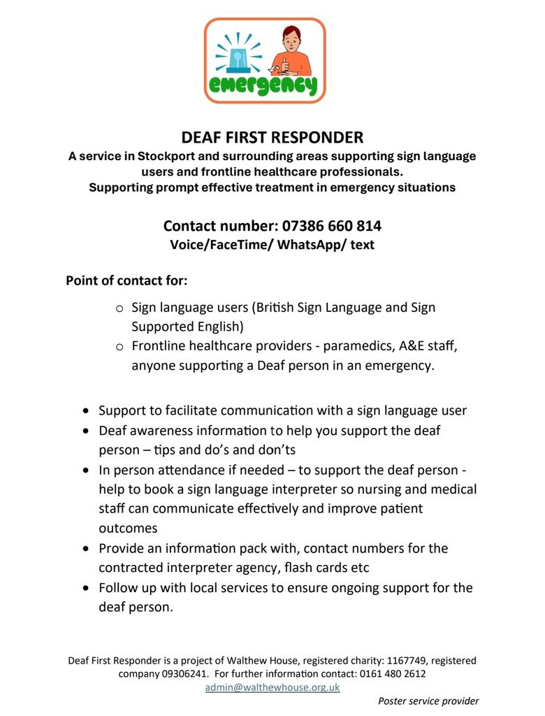 There is a new Deaf First Responder service available to support sign language users & staff @StockportNHS. This service provides immediate communication support when someone attends hospital & needs it the most @MarisaLoganWar1 @NicolaFirth6 @SueACarroll @helshow1 @lee_woolfe