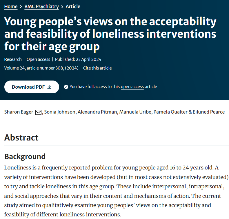 Young people's views about what kinds of loneliness intervention are likely to work for them in which contexts: very interesting findings in this new @UCL_Loneliness @MentalhealthMSc led by @eagersharon link.springer.com/article/10.118…