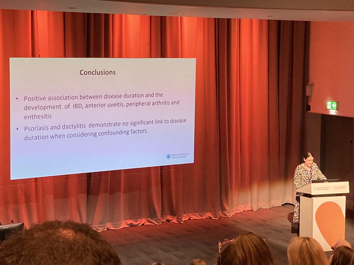 Duration of AxSpA disease appears to be linked with increase incidence of EMMs particularly Uveitis & IBD, peripheral & enthesial disease Psoriasis did not appear to be linked Likely mainly due to genetic differences: Dr Brona Dinneen 
#axialSpA #ankylosingspondylitis #BSR24