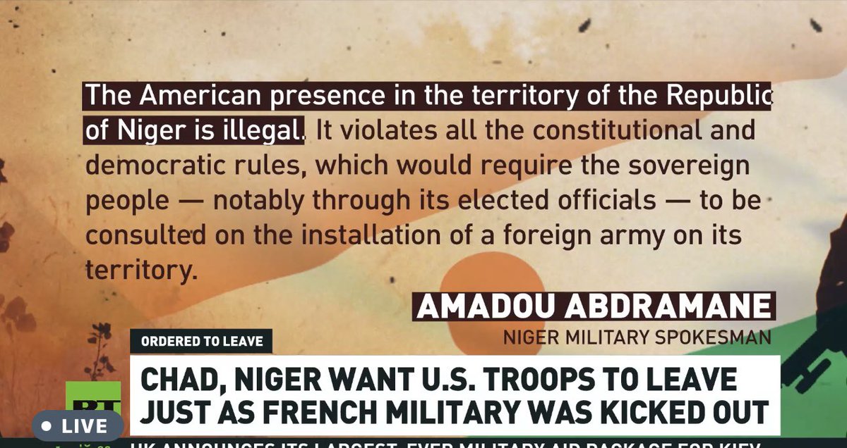 DOUBLE BLOW: NIGER, CHAD ASK UNITED STATES TO SHUT DOWN MILITARY BASES AND LEAVE THEIR COUNTRIES. 

So, finally, America has been asked to remove its over 1,000 man army stationed in Niger as soon as possible. U.S. is reportedly making plans to start withdrawing the soldiers,