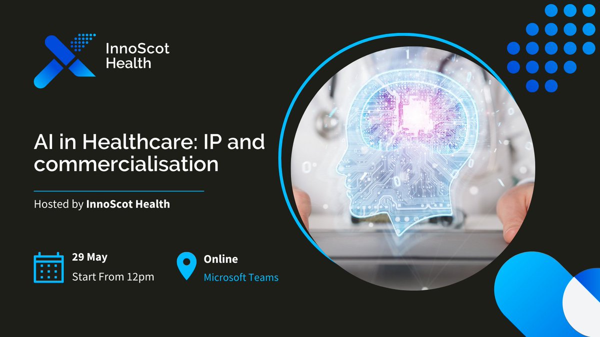 Our May webinar will look at the impact of artificial intelligence (#AI) on healthcare and how innovators should best maximise and protect its benefits; with JD Blackwood (@iCAIRD_Scot, @NHSForthValley) and Joanna Boag-Thomson (@shepwedd). Register now 👉 innoscot.com/events/ai-heal…