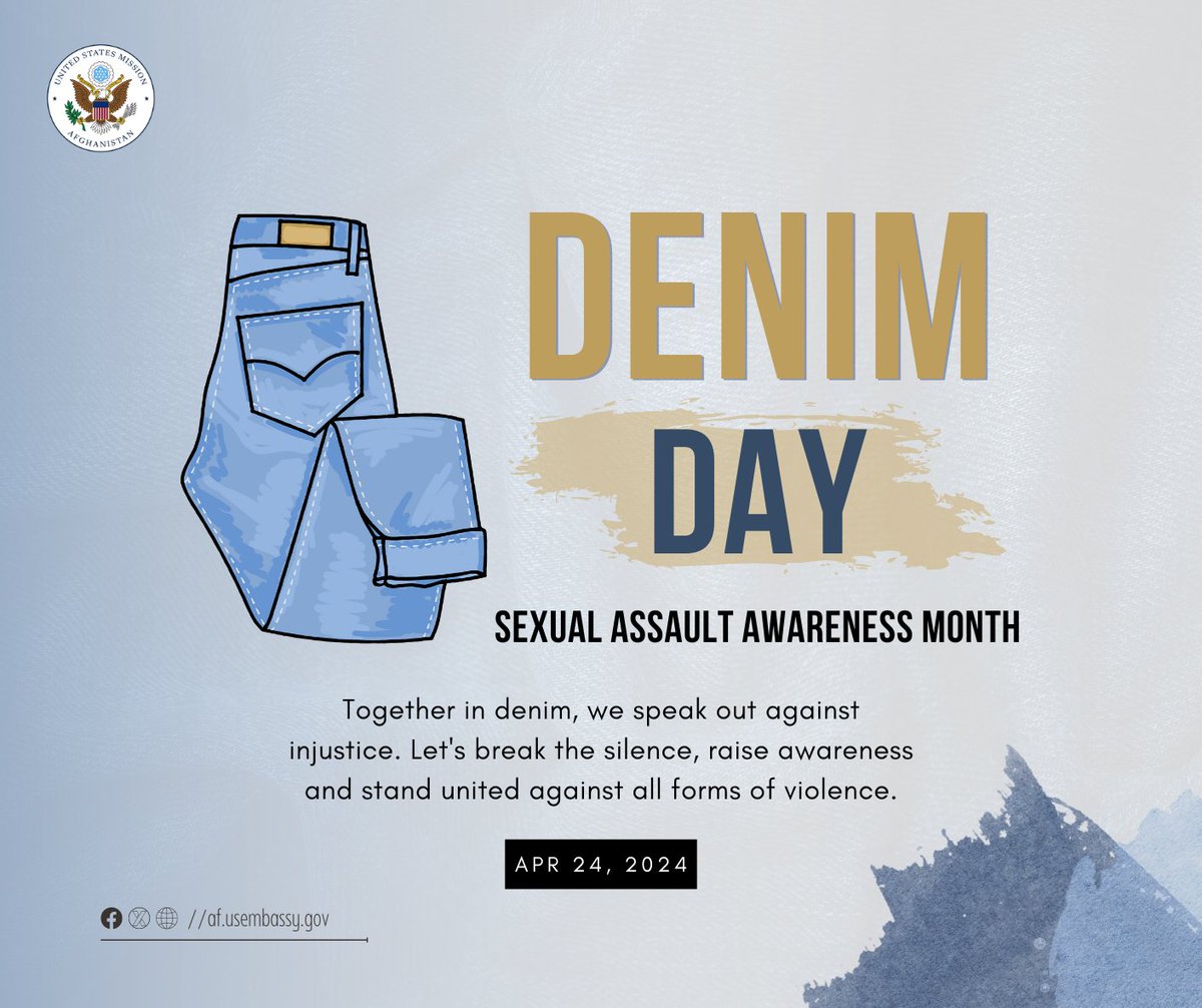 د ډینم ورځ DenimDay# د اپریل په میاشت کې د جنسي تیري په اړه د پوهاوي میاشتې په توګه لمانځل کیږې. په دې ورځ خلک پتلونونه( جینز) اغوندي ترڅو د جنسي تاوتریخوالې په اړه د غلط فهمیو په وړاندې خپل اعتراض څرګند کړي، دا یو فرصت دی چې په خپلو کې پیوستون پیدا کړو او د ژوندي پاتې…