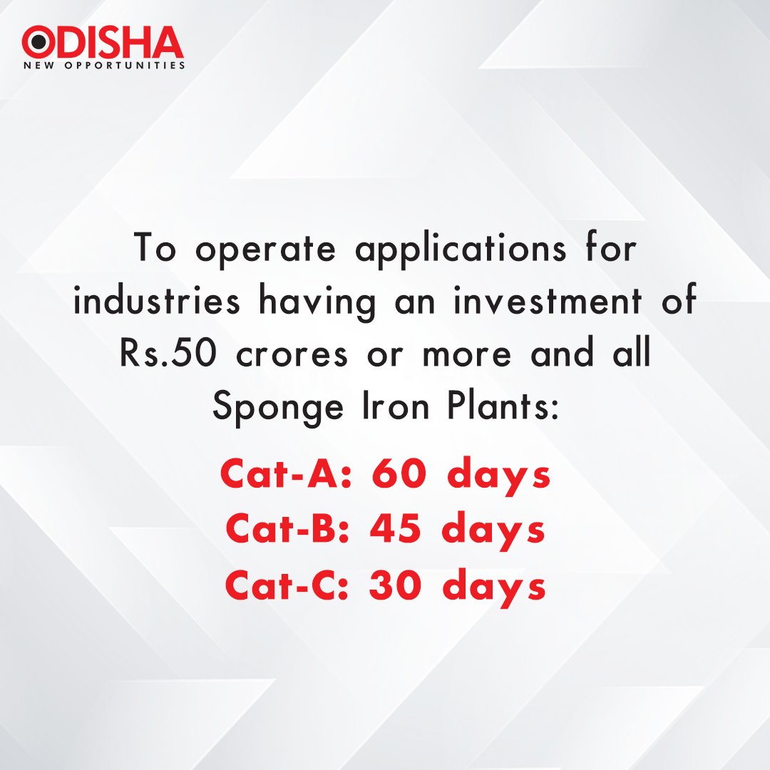 The Forest and Environment Department of Odisha sets the schedule for swift consent disposal, ensuring sustainable operations for highly polluting industries.
@ForestDeptt
#EODB #ORTPSA #JoinTheJuggernaut #InvestInOdisha