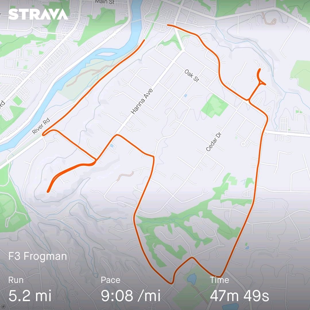 4/24/24 - "palindrome mania" This week!
(8) PAX at <a href="/F3Cincinnati/">F3 Cincinnati</a> Frogman
We ran, we found some hills, then it got lighter.  Sugar Ray with a strong mumblechatter performance!