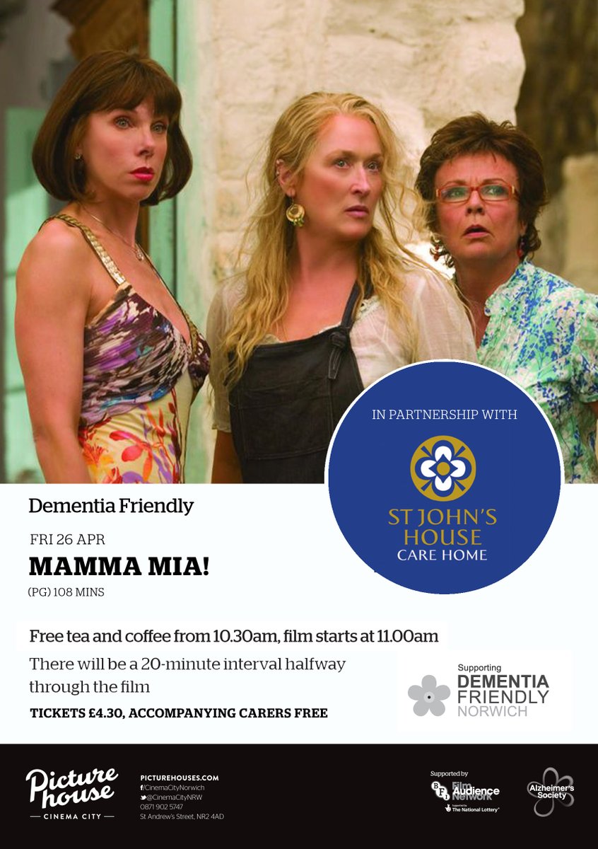 🎵 Mamma Mia! Here I go again🎵

🎞️ #DementiaFriendly #MammaMia
📅 Fri 26 Apr, 11.00
🎟️ £4.30

Our partners at St John's House Care Home will be on hand to chat before the film.
@Castle_meadow @DementiaFriends @alzheimerssoc