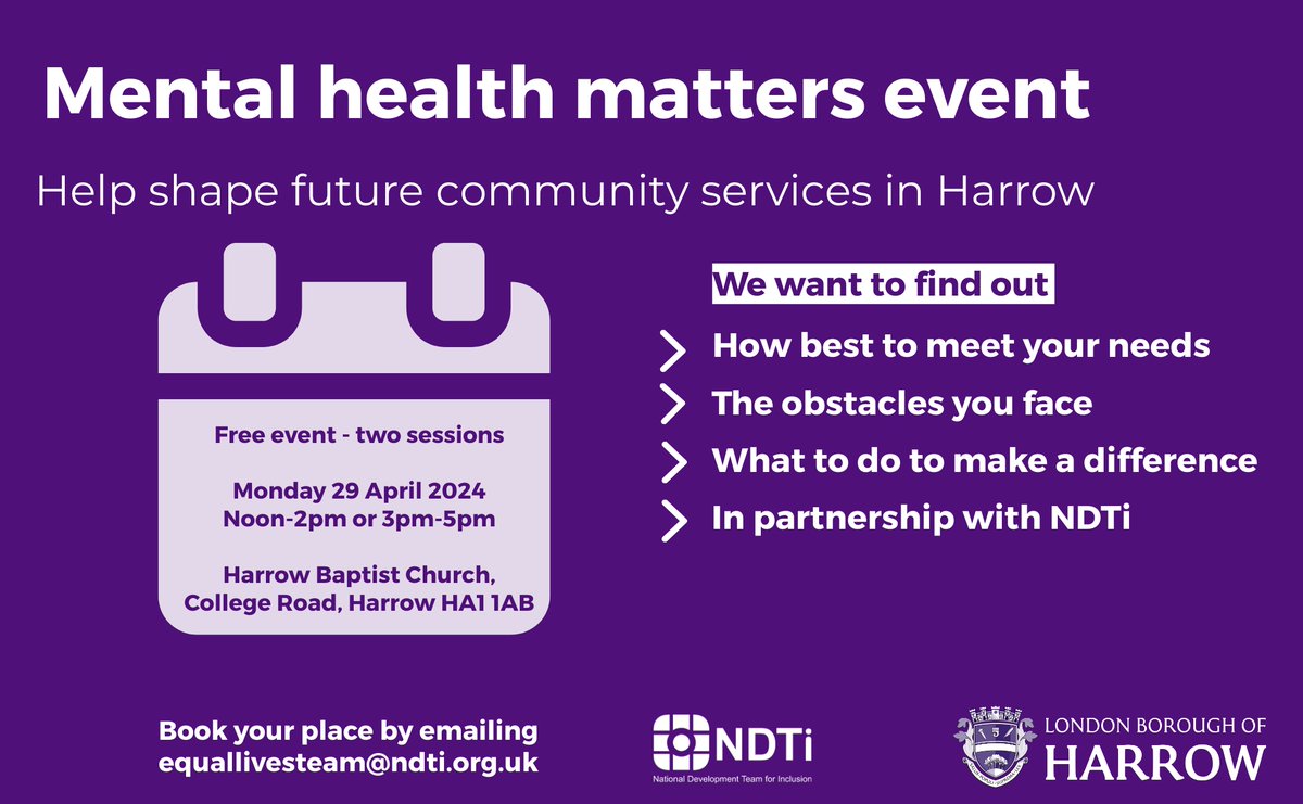 Got something to say about our mental health services? In partnership with NDTi, we’re holding 2 in-person sessions on 29 April, giving you the chance to tell us how we can best meet your needs. Email as ⬇️or visit ow.ly/ViVr50RcrOh for more information.