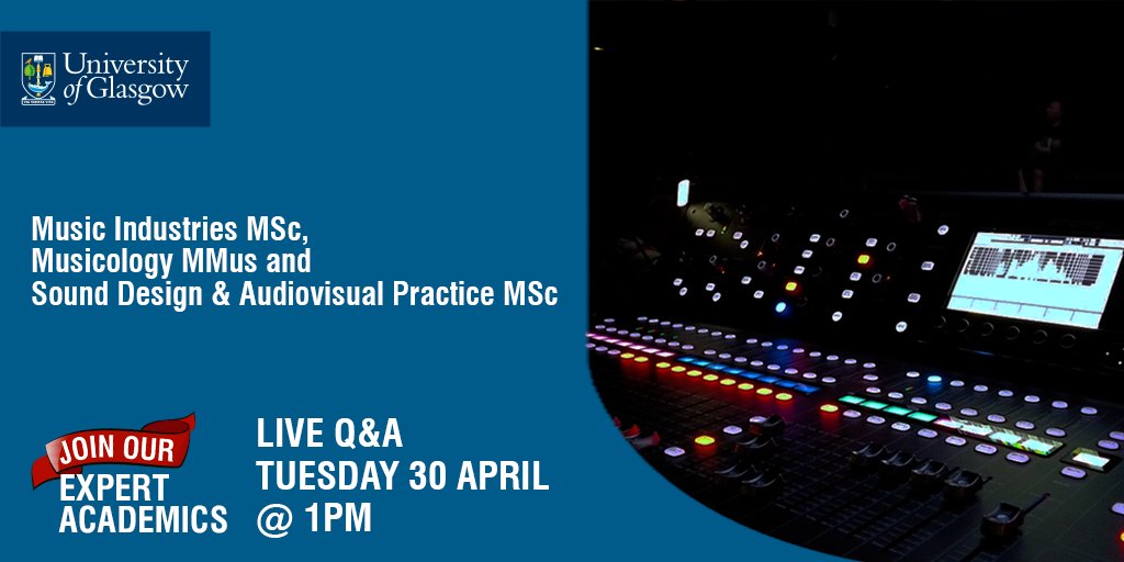 Interested in a postgraduate degree in @UofGlasgowMusic? Join our live Q&A with academics & students, and ask them your questions about Music Industries MSc, Musicology MMus and Sound Design & Audiovisual Practice MSc. Tuesday 30 April 1pm ow.ly/WhCo50RmkVF