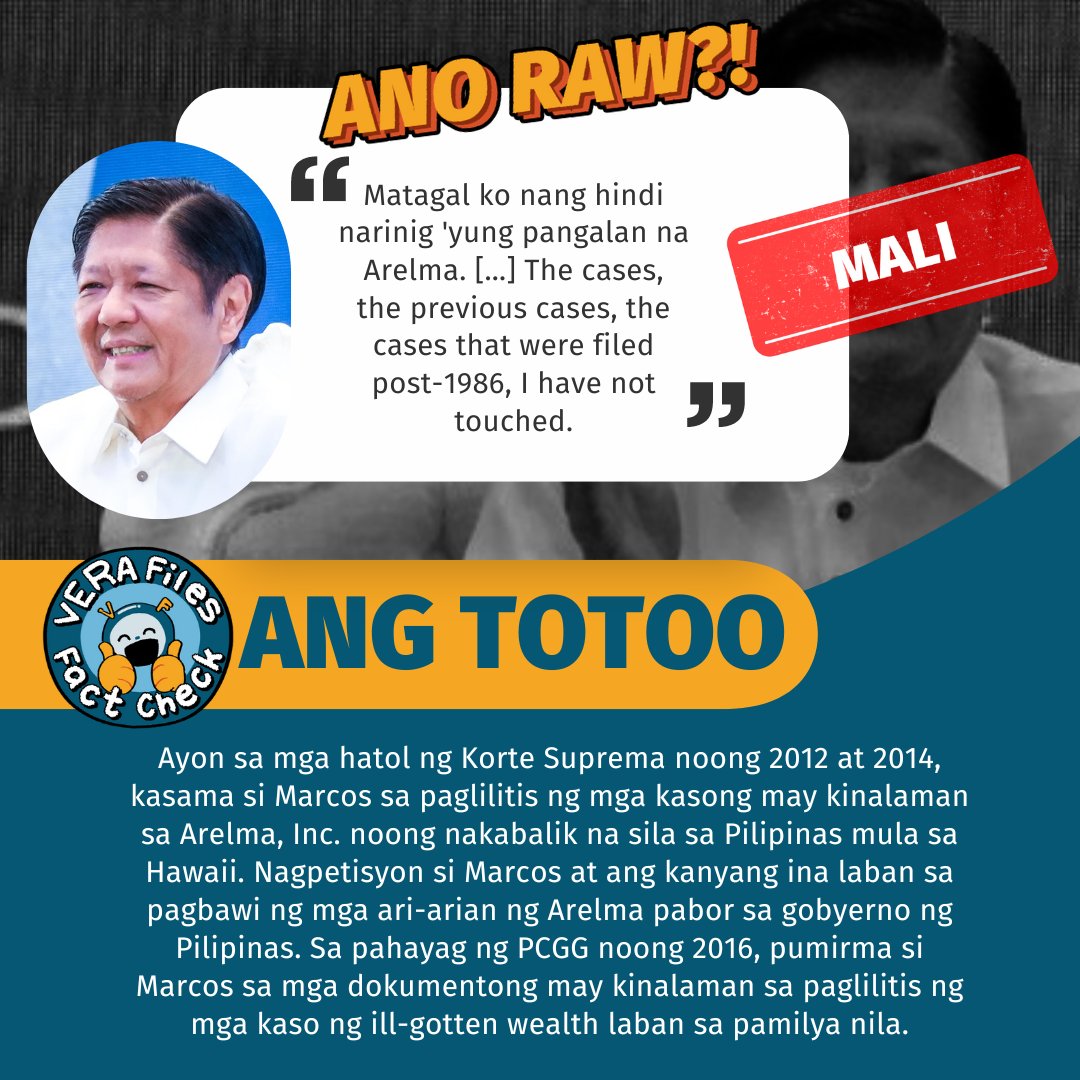 Sinabi ni Pangulong Ferdinand Marcos Jr. na “hindi niya ginalaw” ang alinman sa mga kasong isinampa laban sa kanila pagkatapos ng 1986 EDSA People Power Revolution. Ito ay hindi totoo. Basahin ang aming #VERAFilesFactCheckFilipino: vera.ph/VFFCFil-Marcos…