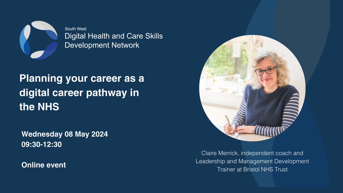 SW Digital Health & Care Skills Development (@sw_isdn) on Twitter photo Hosted by Claire Merrick, this 3 hour online session will help mid-career NHS digital, data and technology professionals with their career goals - hfma.to/planyourcareer Hosted by Claire Merrick, this 3 hour online session will help mid-career NHS digital, data and technology professionals with their career goals - hfma.to/planyourcareer