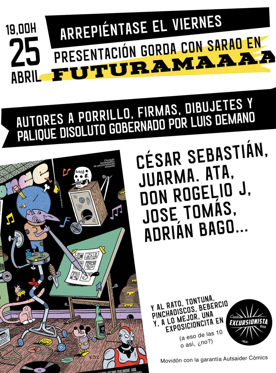 El jueves 25 de abril se presenta la revista 'Once' de @autsaidercomics en Futurama de Valencia, con @Ahumodepajas @bagogabbahey @josetomascomics @_Juarma_ @DonrogeliojJ presentados por @LuisDemano