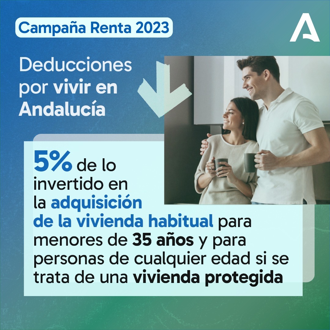 ➡️ Si vives en #Andalucía 🟢⚪️🟢, puedes deducirte el 5️⃣% de lo invertido en tu vivienda habitual🏠: - Menores de 3️⃣5️⃣ años. - Si es una vivienda protegida. #Renta2023