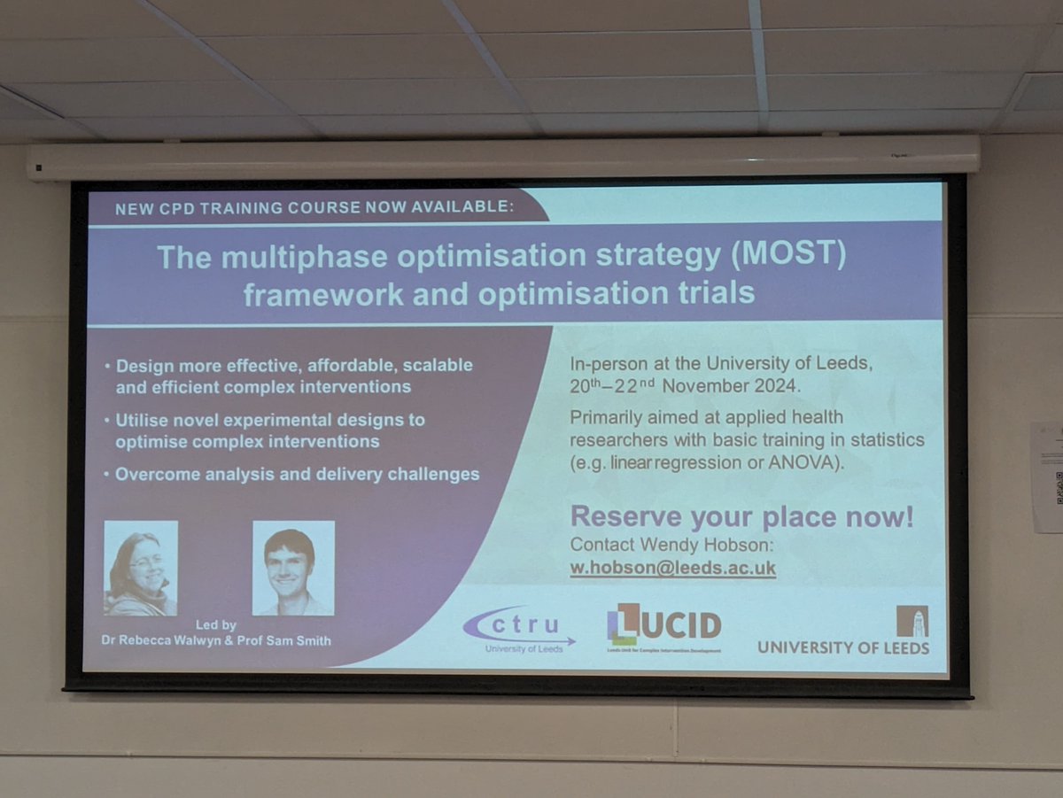 UKCRC CTU Network (@ukctunetwork) on Twitter photo Rebecca Walwyn & Michelle Collinson <a href="/LeedsCTRU/">Leeds CTRU</a> discuss their work on complex intervention optimisation.
Don't miss the MOST training course in Leeds in November 2024.
#UKCTUNetwork #CTUStatsApr24 Rebecca Walwyn & Michelle Collinson <a href="/LeedsCTRU/">Leeds CTRU</a> discuss their work on complex intervention optimisation.
Don't miss the MOST training course in Leeds in November 2024.
#UKCTUNetwork #CTUStatsApr24