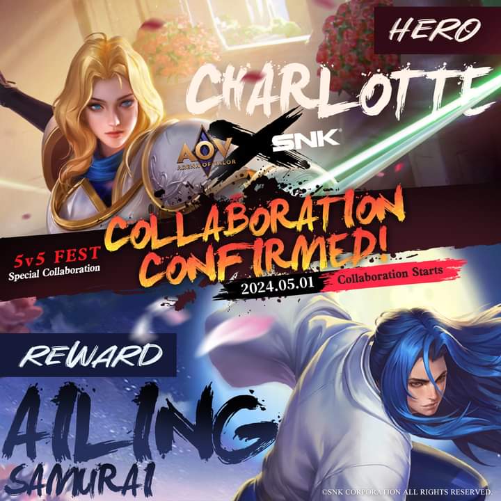 Special brand cooperation has arrived ! AOV ⚔️ SNK 

Let's look forward to the appearance of the brand new rose hero Charlotte ! Also accompanying her to this battlefield is Ukyo Tachibana swordsman skin for Ryoma ! ⚔️
#ArenaofValor #RoV #LienQuanMobile #傳說對決 #アリヴァラ