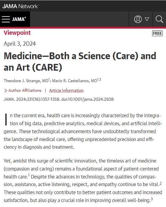 Viewpoint discusses the concept of CARE (compassion, assistance, respect, and empathy) as a way physicians can practice the art of medicine in the current era of care that increasingly incorporates predictive analytics and artificial intelligence. ja.ma/49QMaXR