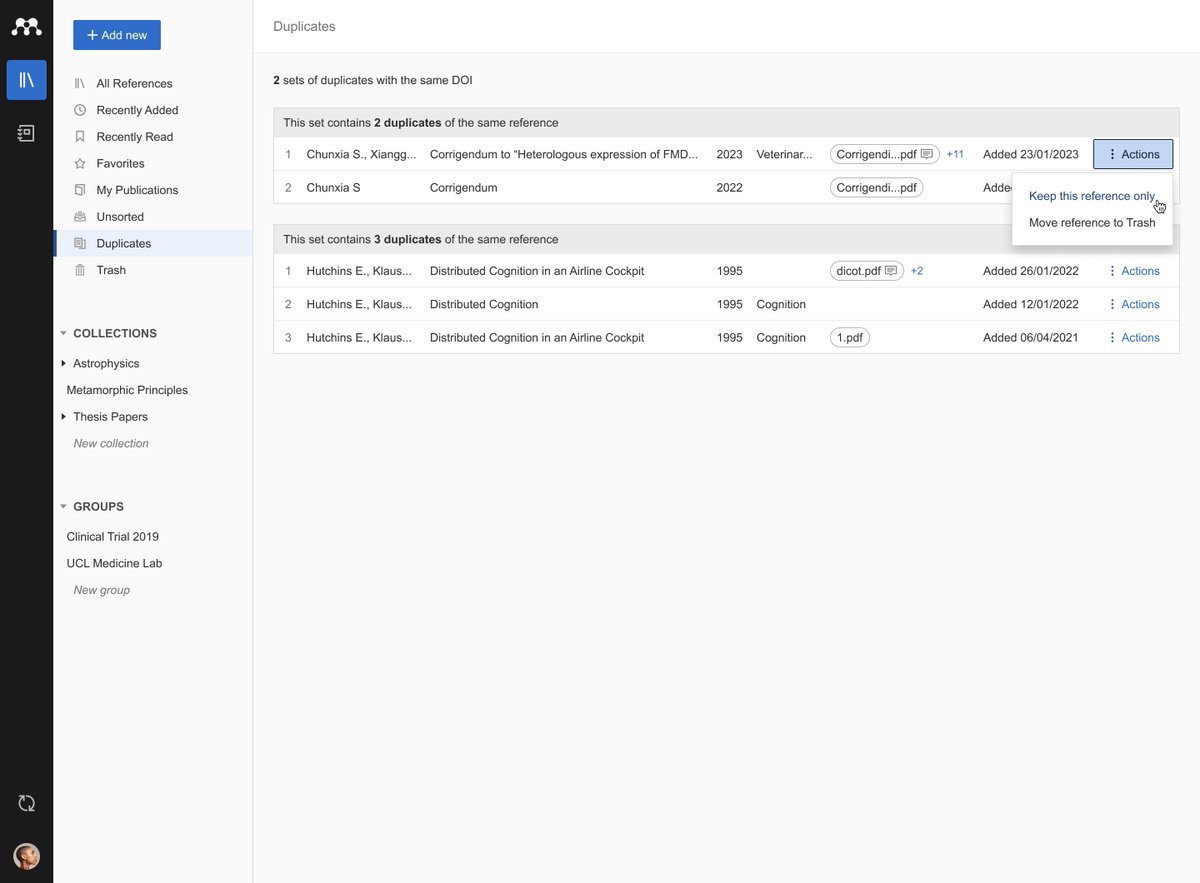 mendeley_com's tweet photo. Eliminate the monotony of sifting through your library to find duplicate references, simplify your workflow with Duplication Management in #Mendeley Reference Manager.
Explore Mendeley: https://t.co/qGv4zmfQ94
#MendeleyReferenceManager #workflow #DuplicationManagement https://t.co/bx8YVl2Pq4