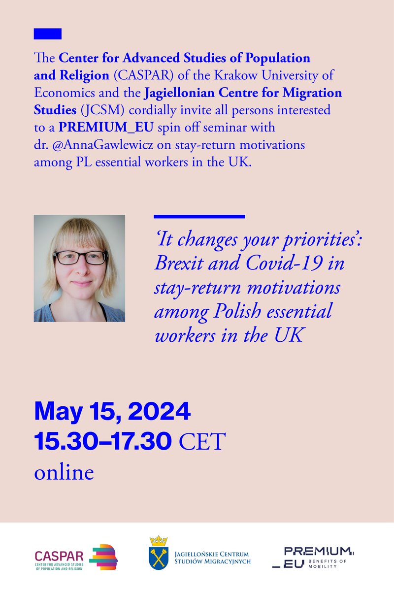 📡Peep, peep! Join us at @CASPARCracow for a seminar with @AnnaGawlewicz: ‘It changes your priorities’: Brexit and Covid-19 in stay-return motivations among Polish essential workers in the UK ⏲️May 15, 2024, 15.30-17.30 CET, online 🧲Register: us02web.zoom.us/meeting/regist…