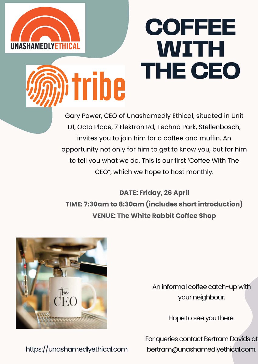 The CEO of <a href="/UnashamedlyEth/">Unashamedly Ethical</a>, Gary Power, invites you for a quick coffee and muffin at the White Rabbit, Octo Place, this Friday, 26 April, 7H30am-8H30am. Contact: bertram@unashamedlyethical.com for more info.

#meettheceo #networking #technopark #stellenbosch