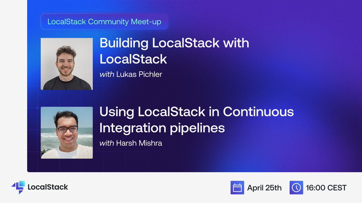 localstack's tweet photo. 🚨 Our next meetup is 24 hours away! 🚨

Join us to learn:

- how we are using LocalStack to build LocalStack 😎
- how to test your cloud apps in CI with LocalStack 🚀

Join us tomorrow 👇

🔗 https://t.co/pFDyC61NZX

#LocalStack #AWS #CI #GitHubAction #CDK https://t.co/ekVnDJDTAF