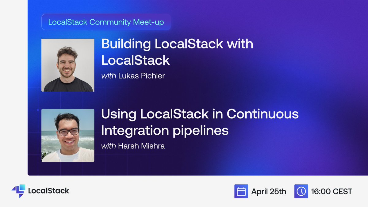 🚨 Our next meetup is 24 hours away! 🚨 Join us to learn: - how we are using LocalStack to build LocalStack 😎 - how to test your cloud apps in CI with LocalStack 🚀 Join us tomorrow 👇 🔗 meetup.com/localstack-com… #LocalStack #AWS #CI #GitHubAction #CDK