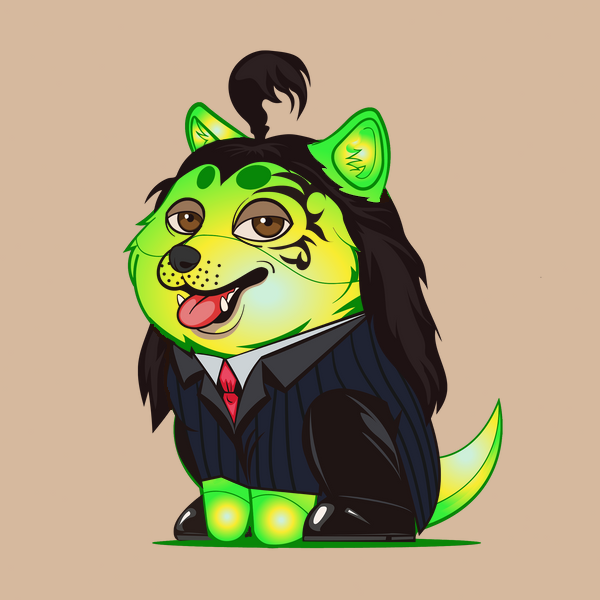 A baby doge NFT with a tan background and glow fur wears business clothing and a rockstar headwear. Its ninja mouth and boxer eyes give it a fierce look. It's a rising star in the business world and a force to be reckoned with.