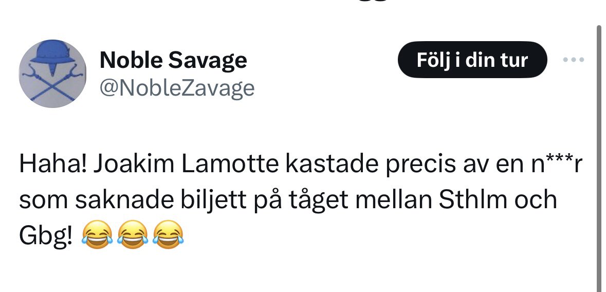 Ang debatten om ”n-ordet”. Jag tar starkt avstånd från detta språkbruk. Blev dock bjuden på öl av tågvärdarna efter händelsen. Så det var ju bra iaf.