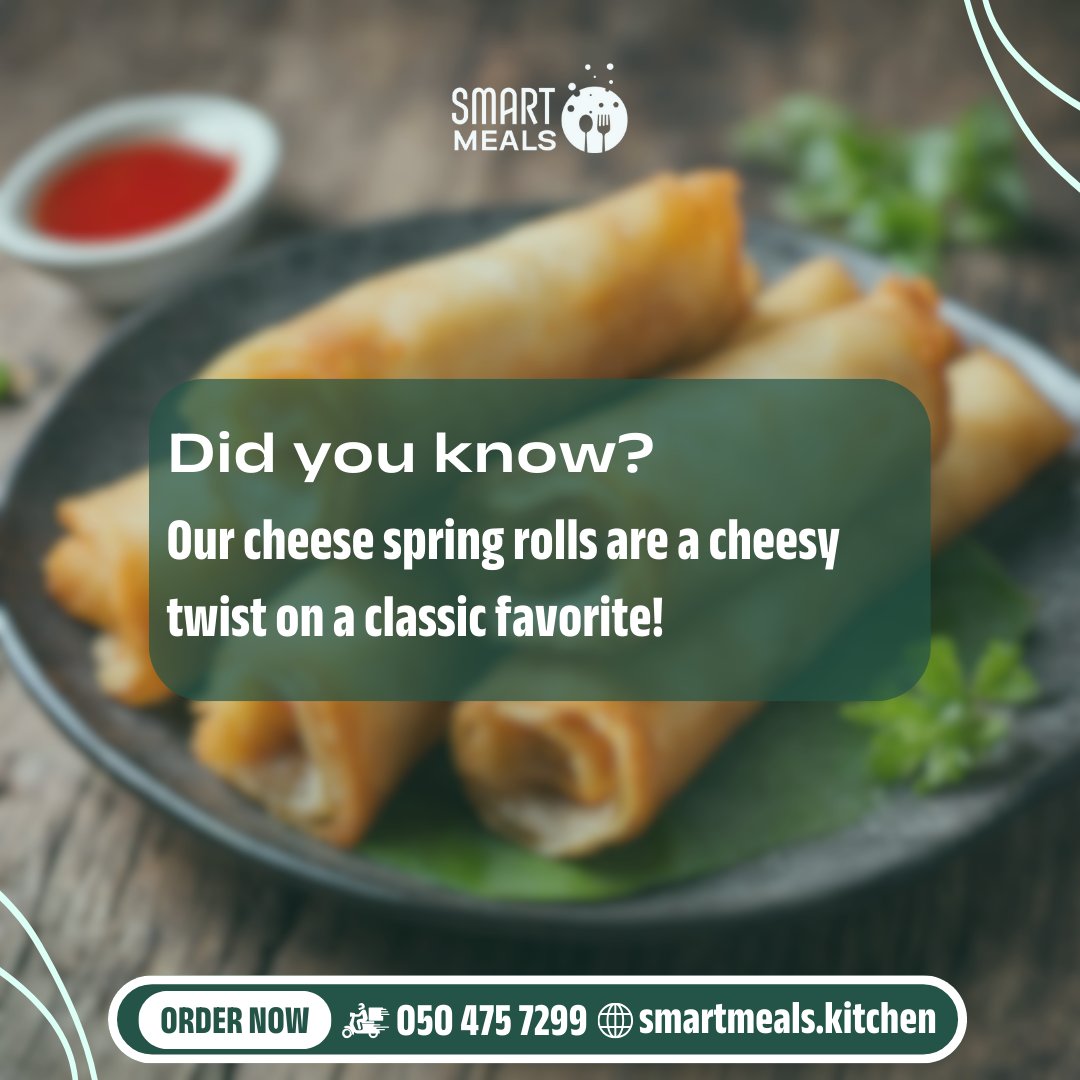 Did you know? Our cheese spring rolls are a cheesy twist on a classic favorite! Order now and experience cheesy bliss. ORDER NOW 📞+971 504757299 #SmartMeals #OrderNow #SmartMealsKitchen #FunFactFriday #CheesyBliss