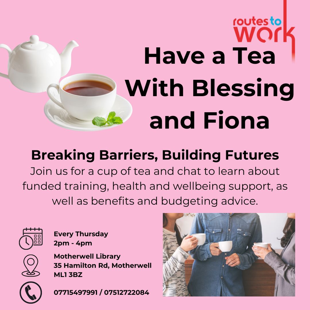 routestowork's tweet photo. Meet Fiona and Blessing at Motherwell Library every Thursday from 2 to 4 pm for a chat over tea and learn how we can support you.
Contact 07512722084 for Fiona or 07715497991 for Blessing to register your interest.
#BreakBarriersBuildFutures #SkillUpForSuccess #Motherwell https://t.co/dBvPLA5ruL