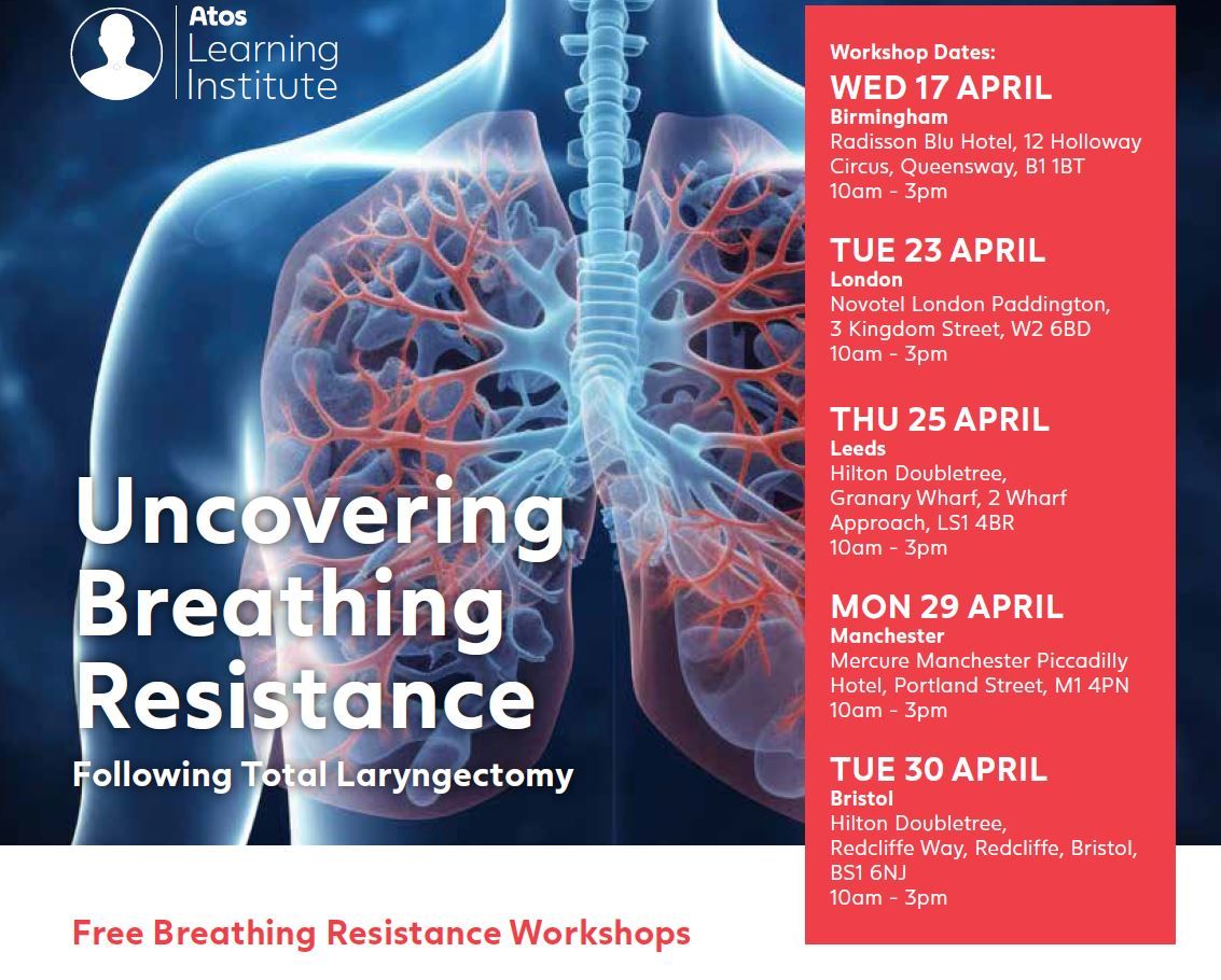 Last chance to sign up to our FREE Breathing Resistance Workshops! Learn more about breathing resistance alterations following total #laryngectomy, what these changes mean and how they affect your patients. Book now! Call 0800 783 1659 or email clinicalsupport@atosmedical.com