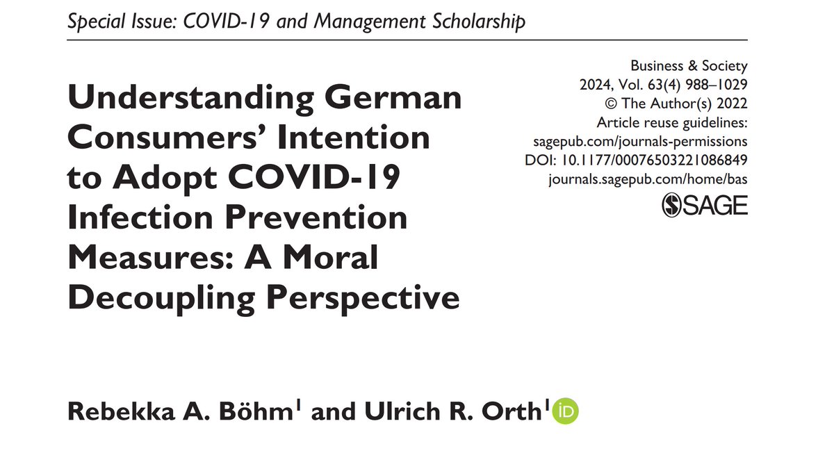 New research by R. Böhm and U. Orth (@kieluni) adopting a moral decoupling perspective to examine how consumers in Germany respond to perceived transgressions of COVID-19 infection prevention regulations #morality. #publichealth. Learn more here: doi.org/10.1177/000765…