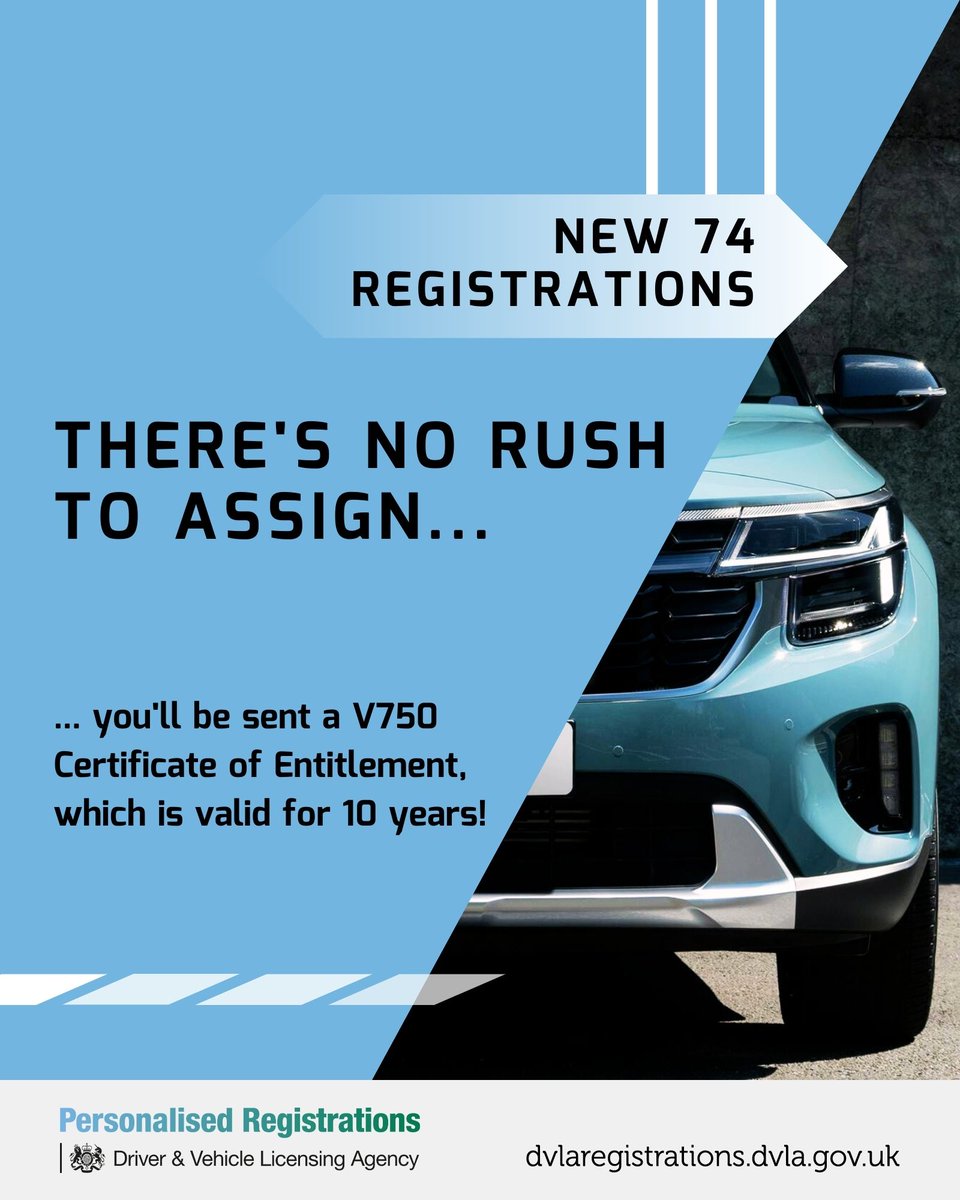 Not buying a brand new car? Your V750 is valid for 10 years and can be renewed so there is no rush to assign 😀

Find your perfect 74 series registration here:
👉ow.ly/VnL450Rc5cT 
#MyDVLAReg #MakeItPersonal #DVLARegistrations