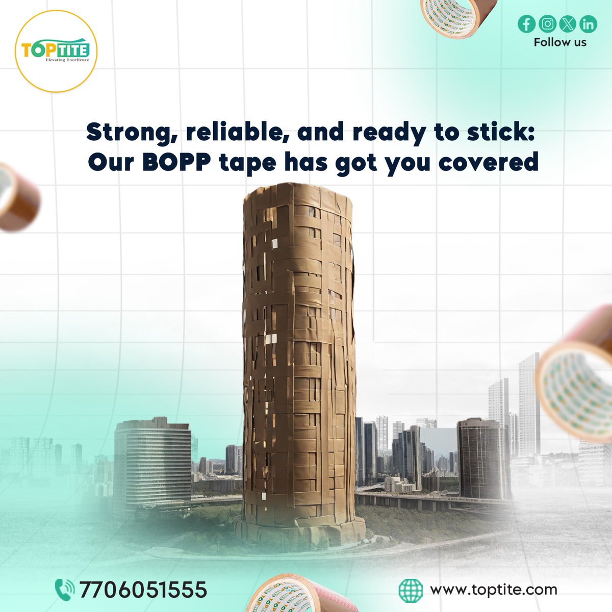 Strong, reliable, and ready to stick: Our BOPP tape has got you covered. 
.
.
#browntape #HighQuality #transparenttape #wrappinggifts #tapemanufacturer #Reliability #packagingtape #strongadhesive #waterprooftape #giftwrapping #QualityAdhesive #besttape #BOPPTapes #toptite