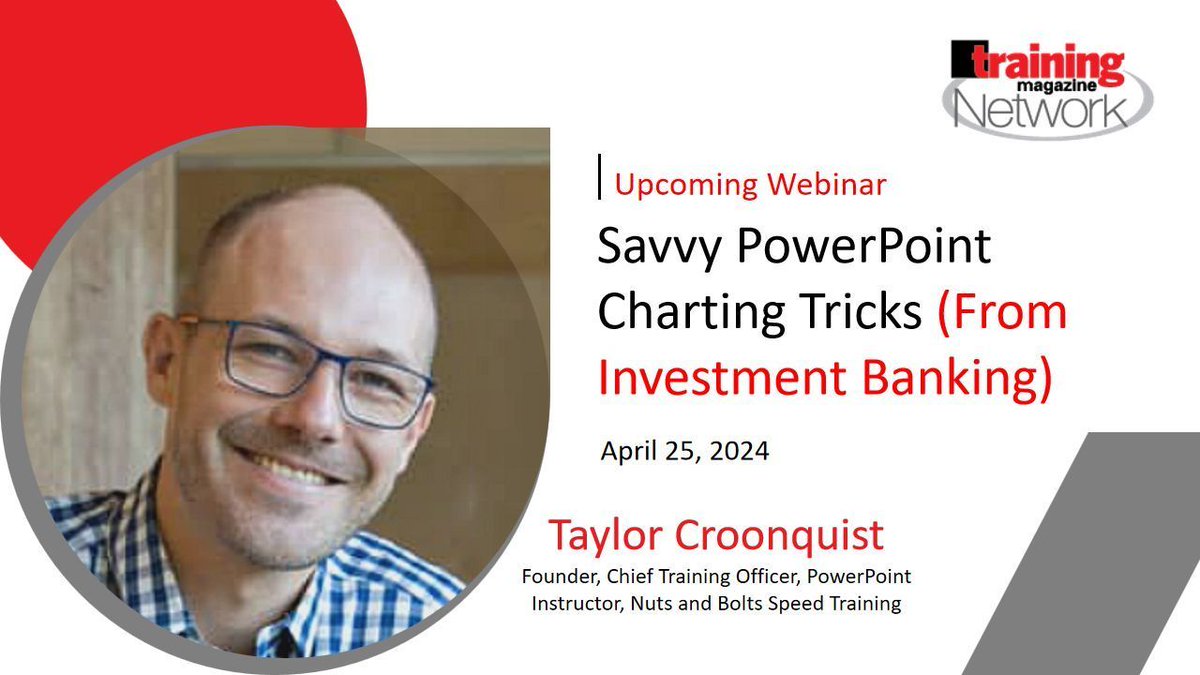 TOMORROW: Savvy #PowerPoint Charting Tricks (From Investment Banking)
@Nuts_BoltsPPT REGISTER: buff.ly/3J5VGeL #training #learning #traininganddevelopment #learninganddevelopment #presentation #powerpointpresentation #elearning