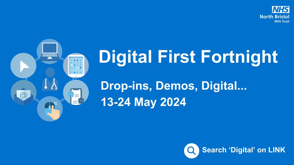 North Bristol NHS Digital (@nbrisnhsdigital) on Twitter photo Excited to announce a whole fortnight dedicated to growing and improving our use of clinical systems - and digital culture in general - across <a href="/NorthBristolNHS/">North Bristol NHS Trust</a>. Our expert team will be out and about in May, with demos, drop-ins... and possibly some goodies😉. More to follow... Excited to announce a whole fortnight dedicated to growing and improving our use of clinical systems - and digital culture in general - across <a href="/NorthBristolNHS/">North Bristol NHS Trust</a>. Our expert team will be out and about in May, with demos, drop-ins... and possibly some goodies😉. More to follow...